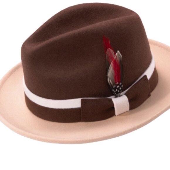 Montique BROWN & BEIGE Felt Fedora with WHITE Band and Feather H103 - Picture 1 of 1